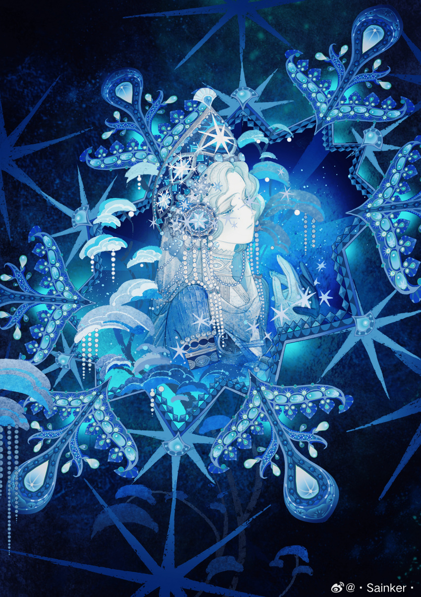 1girl, black_background, blue_background, blue_crown, blue_dress, blue_eyes, blue_gloves, blue_theme