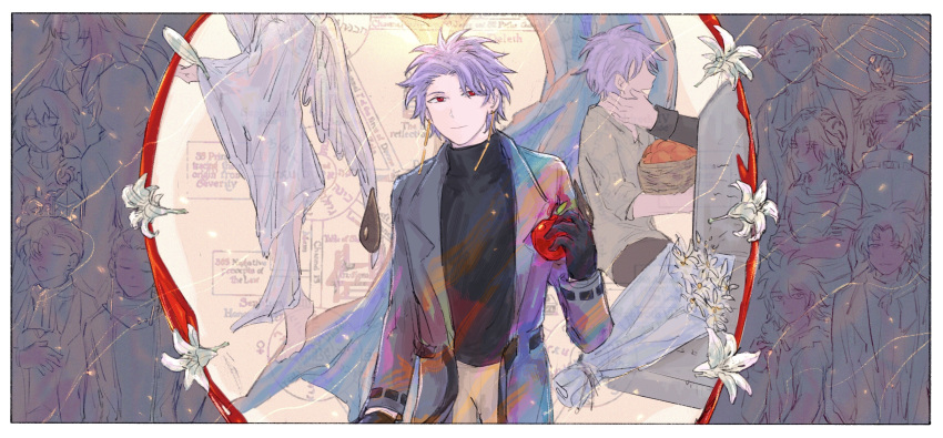 1girl, 6+boys, absurdres, annie_(saibou_shinkyoku), apple, ascot, atou_haruki, basket, belt, black_belt, black_gloves, black_sweater, bouquet, brown_pants, cengfanren, chinese_commentary, closed_eyes, closed_mouth, coat, commentary_request, dreyfus_zweig, earrings, flower, food, fruit, gloves, grey_coat, grey_shirt, hand_on_own_chest, harada_minoru, harada_mutei, hatsutori_hajime, highres, holding, holding_basket, holding_food, holding_fruit, isoi_reiji, jewelry, long_hair, long_sleeves, medium_hair, multiple_boys, mutsushika_misumi, open_belt, open_clothes, open_coat, open_mouth, pants, parted_bangs, purple_hair, red_eyes, rumeld_othmayer, saibou_shinkyoku, shirt, short_hair, smile, sweater, theodore_riddle, tombstone, turtleneck, turtleneck_sweater, utsugi_noriyuki, utsugi_rangiri, white_flower