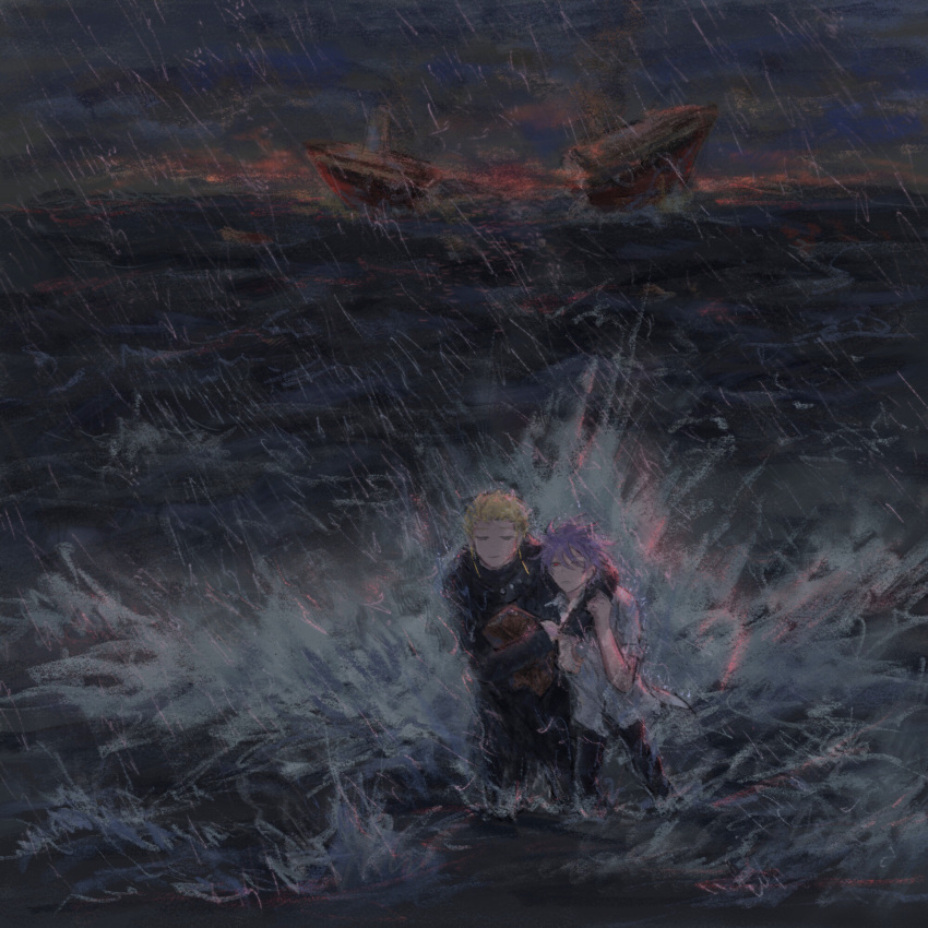 2boys, arm_on_another's_shoulder, black_coat, black_pants, blonde_hair, cengfanren, chinese_commentary, closed_eyes