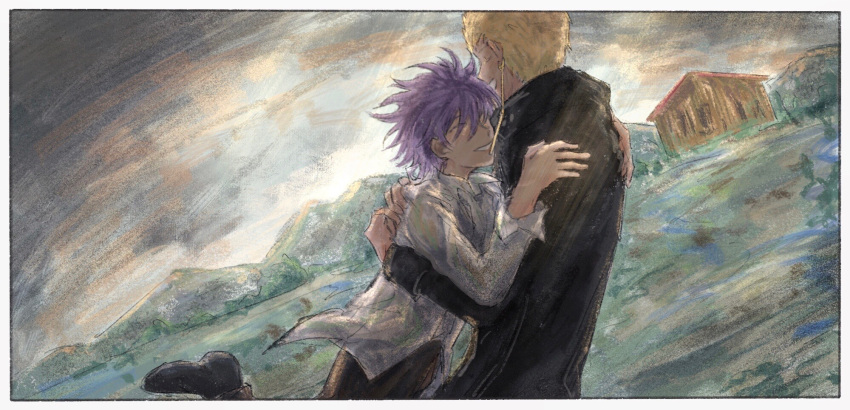 2boys, black_coat, black_footwear, blonde_hair, border, cengfanren, chinese_commentary, closed_eyes