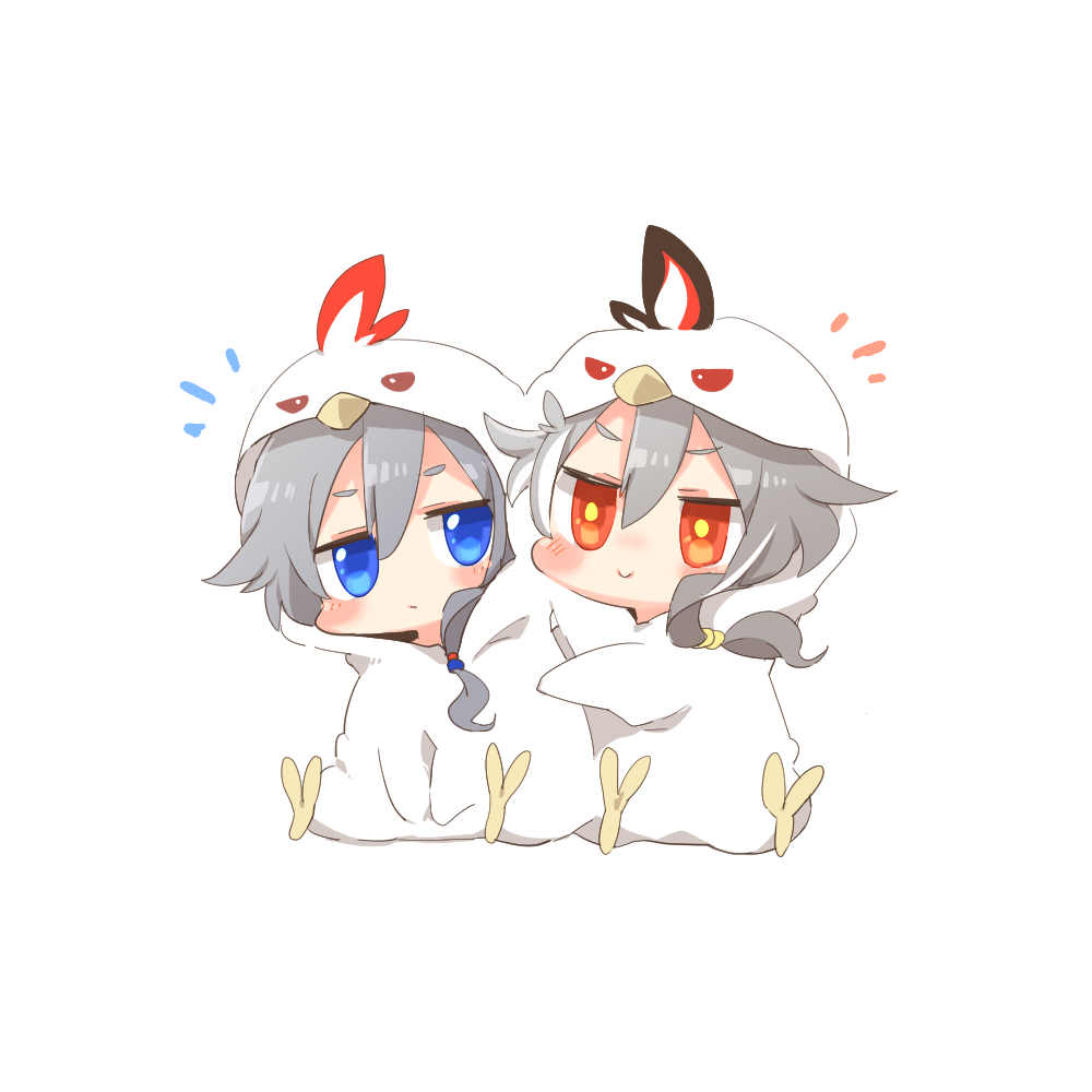 2girls, blue_eyes, chibi, closed_mouth, cosplay, fu_hua, fu_hua_(herrscher_of_sentience), grey_hair, hair_between_eyes, honkai_(series), honkai_impact_3rd, jingwei_(bird), jingwei_(bird)_(cosplay), long_hair, multicolored_hair, multiple_girls, notice_lines, rebecca_(keinelove), red_eyes, short_eyebrows, simple_background, sitting, smile, streaked_hair, thick_eyebrows, white_background, white_hair