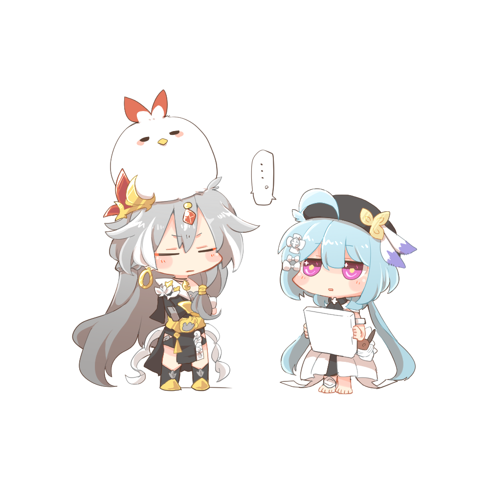 ..., ahoge, animal, animal_on_head, barefoot, beret, bird, black_footwear