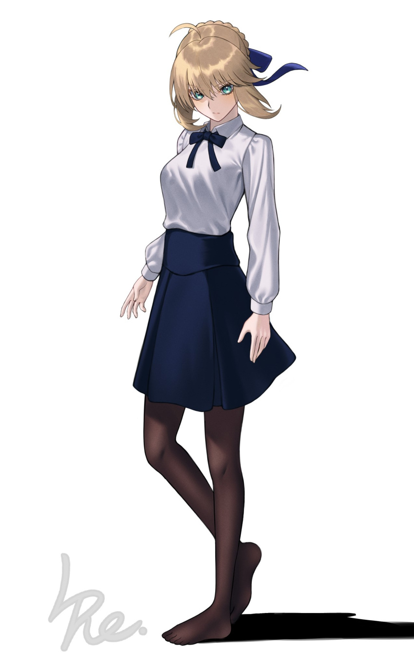 1girl, ahoge, artoria_pendragon_(fate), blonde_hair, blue_ribbon, blue_skirt, braid, brown_pantyhose