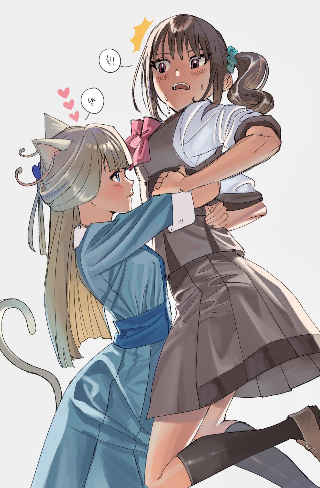 2girls, animal_ears, black_socks, blonde_hair, blue_dress, blue_eyes, blush, bow, bowtie, brown_footwear, brown_hair, brown_skirt, brown_vest, bub_bub20, carrying, carrying_person, cat_ears, commentary_request, dress, heart, highres, kneehighs, korean_commentary, long_hair, looking_at_another, multiple_girls, nekoyashiki_mayu, nekoyashiki_yuki, parted_lips, pink_bow, pink_bowtie, pleated_skirt, precure, purple_background, red_eyes, shirt, short_sleeves, side_ponytail, simple_background, skirt, smile, socks, sweat, vest, white_shirt, wonderful_precure!, yuri