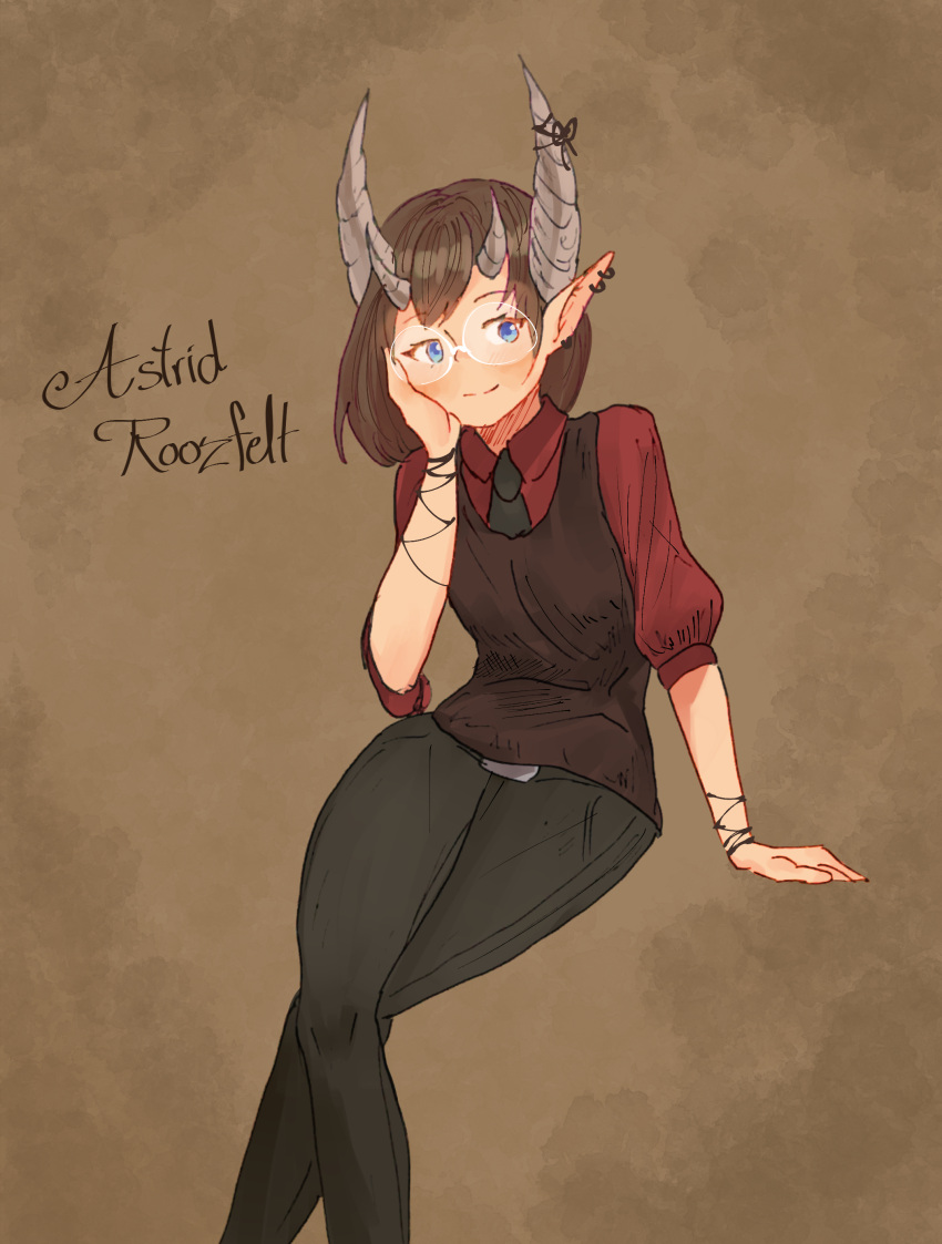 1girl, absurdres, arm_at_side, belt, black_necktie, black_pants, black_ribbon, black_vest