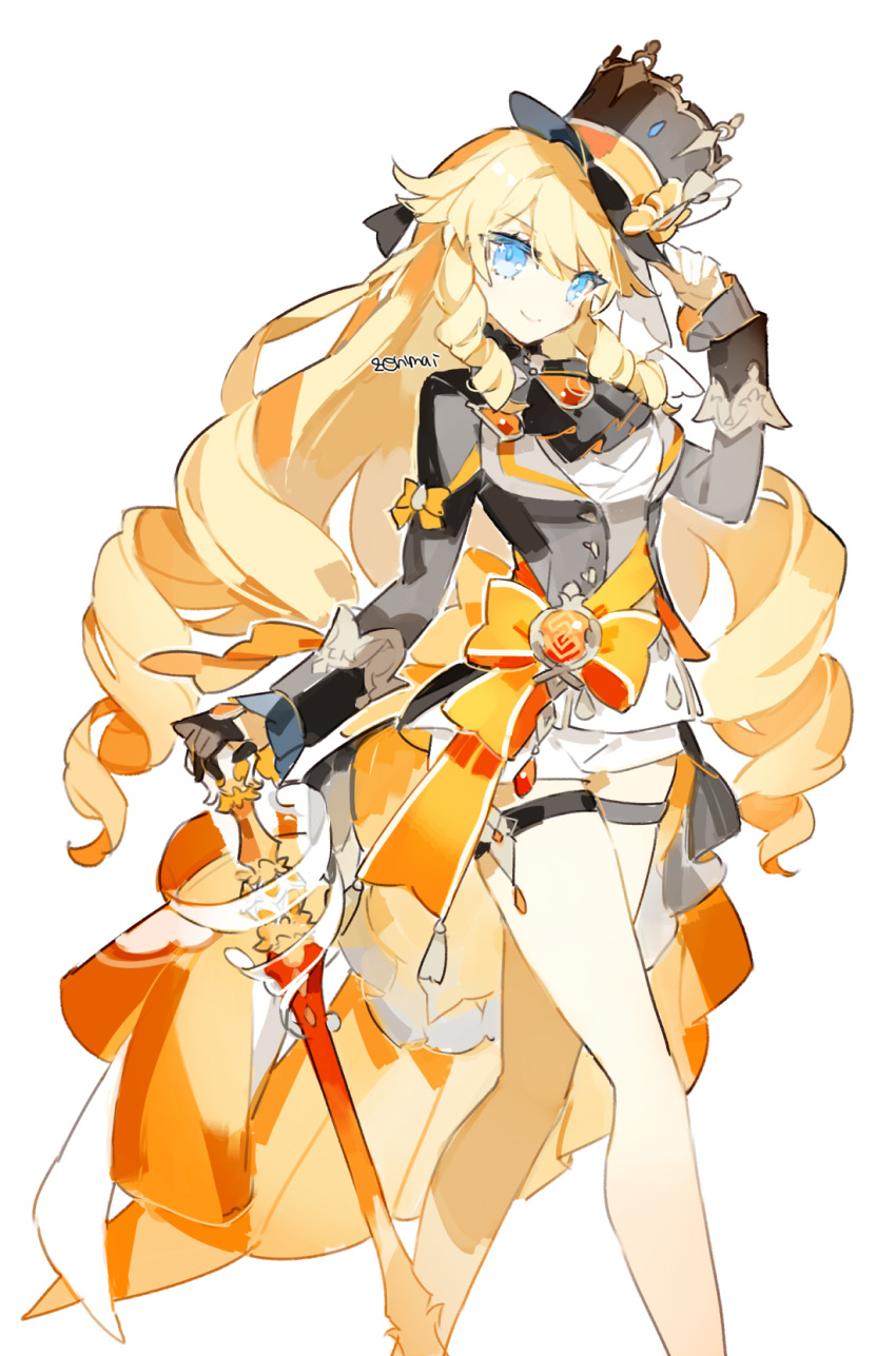 1girl, alternate_costume, bare_legs, black_gloves, blonde_hair, blue_eyes, commentary_request, cosplay