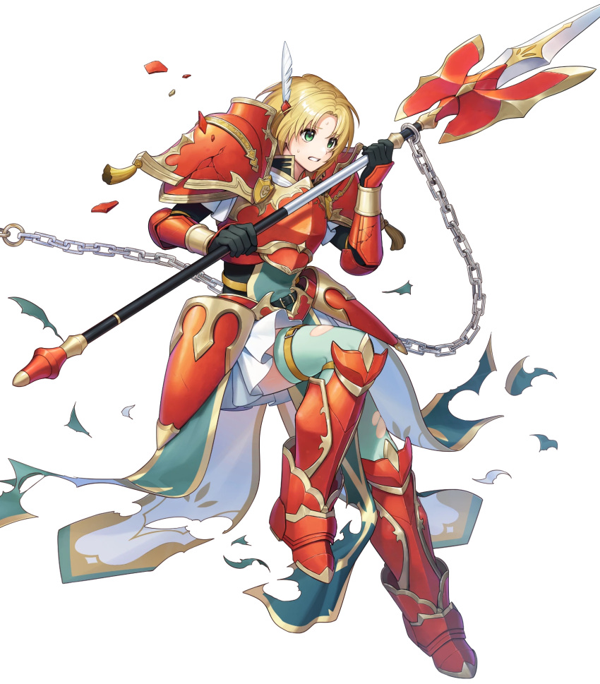 1girl, amelia_(blossoming_talent)_(fire_emblem), amelia_(fire_emblem), armor, armored_boots, blonde_hair, boots, breastplate, broken_armor, chain, clenched_teeth, damaged, feather_hair_ornament, feathers, fire_emblem, fire_emblem:_the_sacred_stones, fire_emblem_heroes, freestyle18, gold_trim, greaves, green_eyes, hair_ornament, highres, hip_armor, holding, holding_polearm, holding_weapon, non-web_source, official_alternate_costume, official_art, open_mouth, pelvic_curtain, polearm, red_armor, second-party_source, shirt, short_hair, shoulder_armor, solo, tassel, teeth, thigh-highs, thigh_strap, torn_clothes, transparent_background, weapon, white_shirt