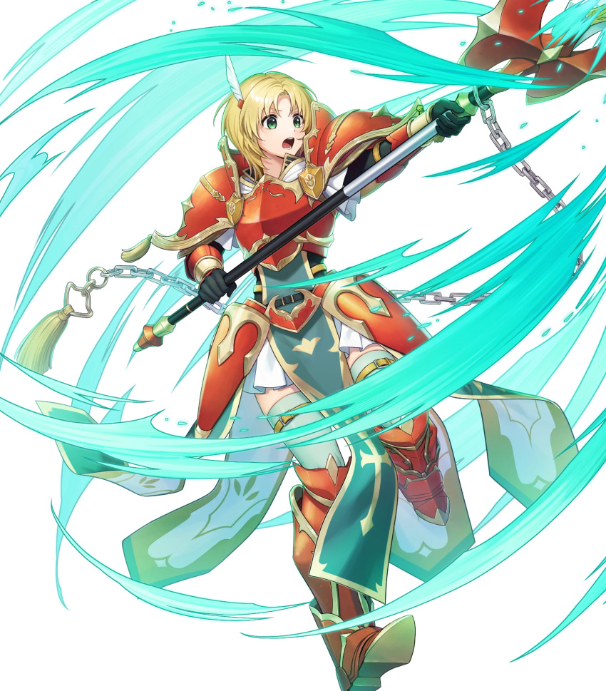 1girl, amelia_(blossoming_talent)_(fire_emblem), amelia_(fire_emblem), armor, armored_boots, attack, blonde_hair, boots, breastplate, chain, feather_hair_ornament, feathers, fire_emblem, fire_emblem:_the_sacred_stones, fire_emblem_heroes, freestyle18, gold_trim, greaves, green_eyes, hair_ornament, highres, hip_armor, holding, holding_polearm, holding_weapon, non-web_source, official_alternate_costume, official_art, open_mouth, pelvic_curtain, polearm, red_armor, second-party_source, shirt, short_hair, shoulder_armor, solo, tassel, thigh-highs, thigh_strap, transparent_background, weapon, white_shirt