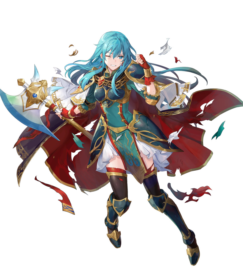 1girl, aqua_eyes, aqua_hair, armor, armored_boots, axe, azu-taro, battle_axe