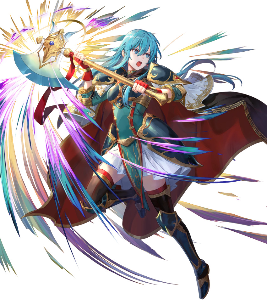 1girl, aqua_eyes, aqua_hair, armor, armored_boots, attack, axe, azu-taro