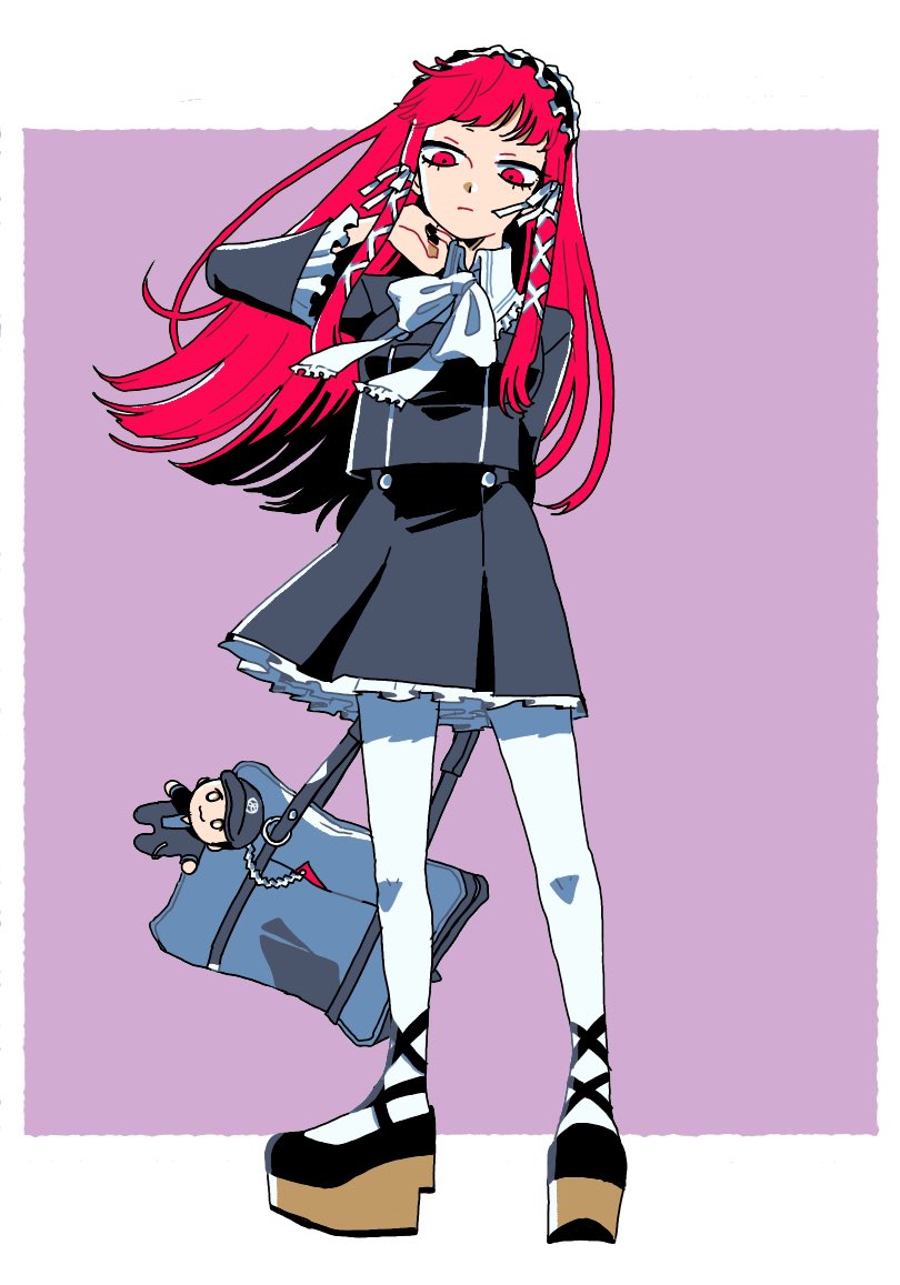 1girl, adapted_costume, alternate_costume, bag, bag_charm, black_footwear, black_hairband, black_jacket