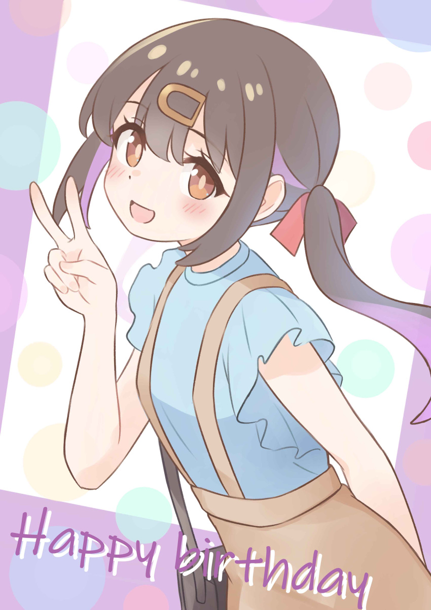 1girl, absurdres, arm_behind_back, bag, bare_arms, black_hair, blue_shirt, brown_eyes