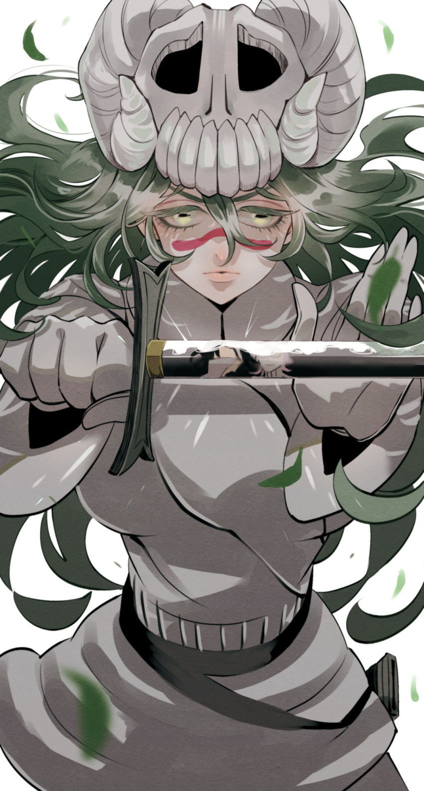 1girl, 2boys, arrancar, black_hair, bleach, eyepatch, facial_mark, gloves