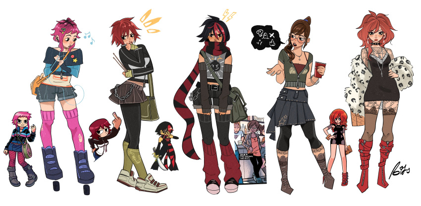5girls, absurdres, bitsbytits, black_eyes, black_hair, blush, breasts, brown_hair, cup, disposable_cup, dress, drumsticks, earrings, envy_adams, eyeshadow, freckles, glasses, hair_ornament, highres, holding, holding_cup, holding_drumsticks, jewelry, julie_powers, kim_pine, knives_chau, looking_at_another, looking_at_viewer, makeup, middle_finger, multicolored_hair, multiple_girls, open_mouth, photo-referenced, ponytail, ramona_flowers, redhead, roller_skates, round_eyewear, scarf, scott_pilgrim_(series), shoes, short_hair, skates, sneakers, socks, speech_bubble, two-tone_hair, two-tone_scarf