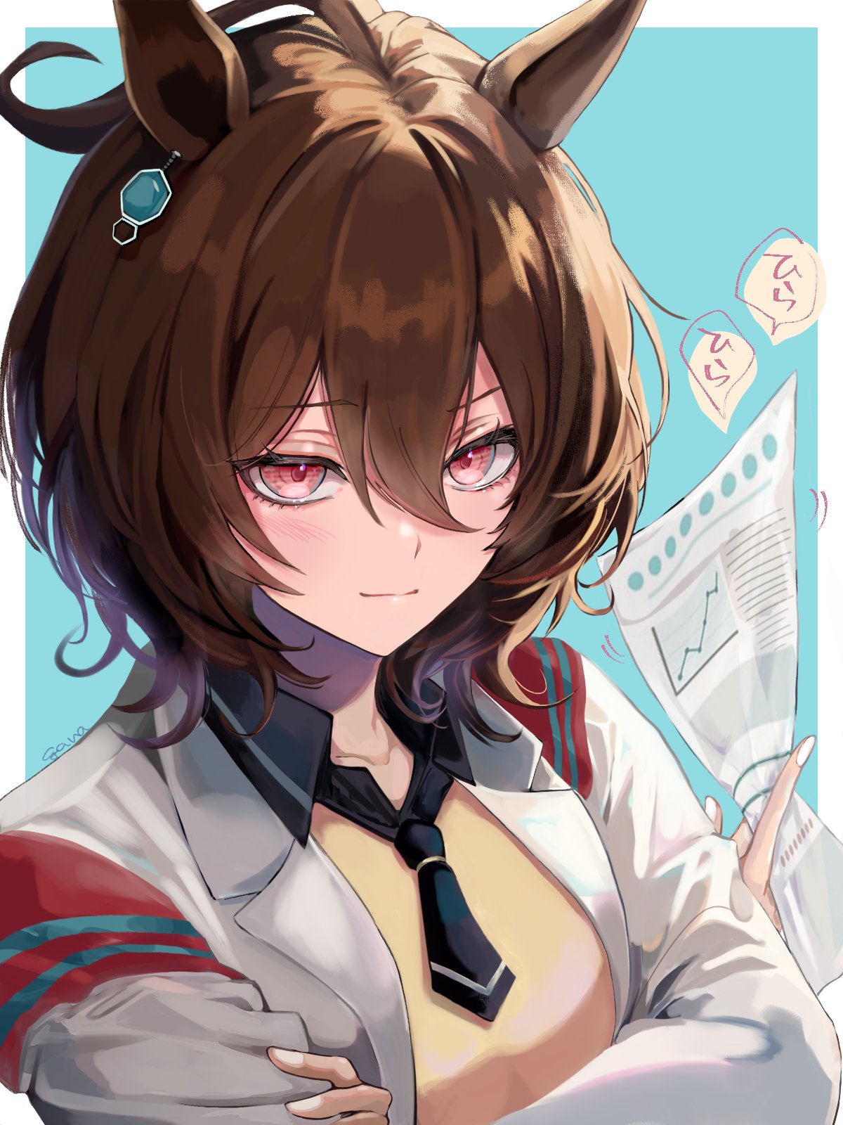 1girl, agnes_tachyon_(umamusume), ahoge, animal_ears, black_necktie, blue_background, breasts, brown_hair, closed_mouth, collared_shirt, diagram, earrings, hair_between_eyes, hair_ornament, highres, horse_ears, horse_girl, jacket, jewelry, lab_coat, long_sleeves, looking_at_viewer, medium_breasts, necktie, open_clothes, paper, red_eyes, shirt, short_hair, short_necktie, simple_background, single_earring, smile, solo, sweater, sweater_vest, translation_request, umamusume, upper_body, white_shirt, yellow_sweater, yellow_sweater_vest, zazatt_(tanpopo77chi)
