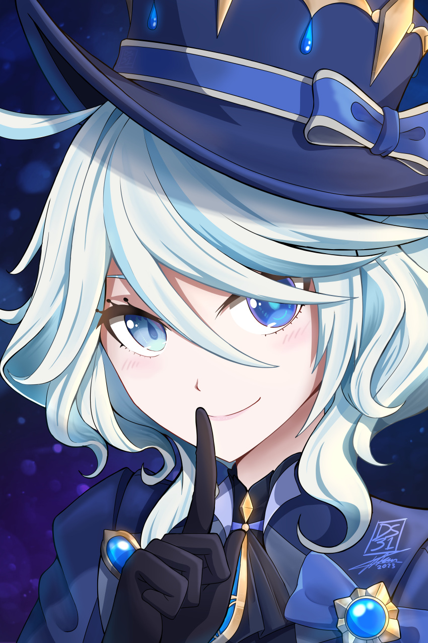 1girl, absurdres, amulet, black_gloves, blue_eyes, blue_gemstone, blue_hair, blush