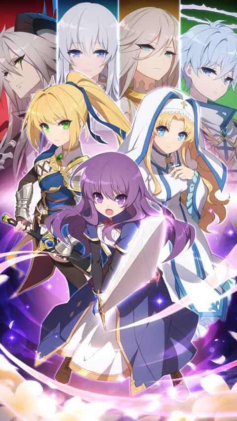 2boys, 5girls, aphinor_(eternal_senia), balder_(eternal_senia), blonde_hair, blue_eyes, blue_hair, briella_(eternal_senia)