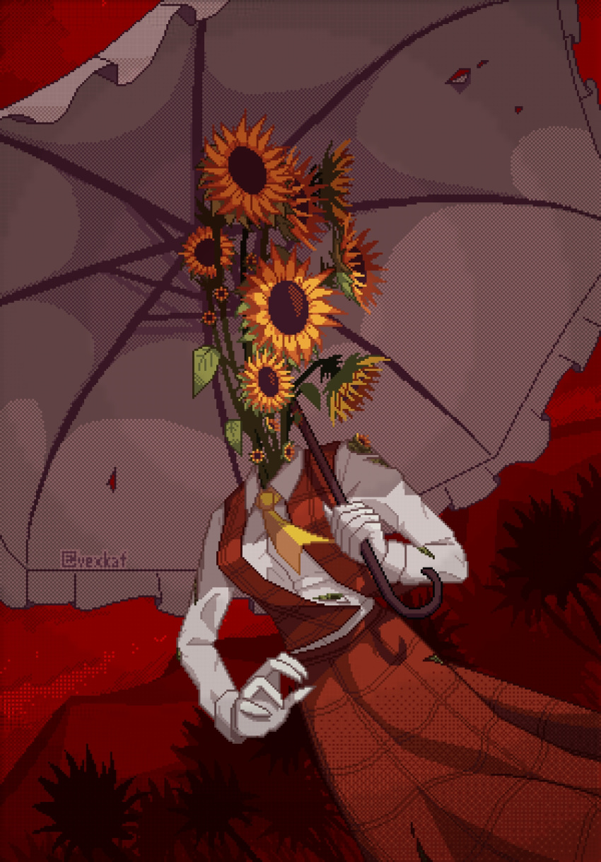 1girl, ascot, collared_shirt, commentary, flower, flower_head, highres, holding, holding_umbrella, kazami_yuuka, long_sleeves, pixel_art, plaid_clothes, plaid_skirt, plaid_vest, red_background, red_skirt, red_vest, shirt, skirt, solo, sunflower, symbol-only_commentary, touhou, twitter_username, umbrella, vest, vexkaf, white_shirt, white_umbrella, yellow_ascot