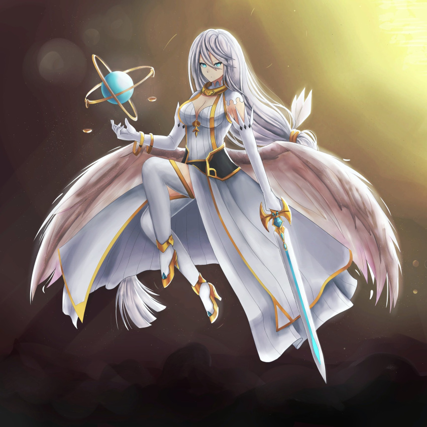 1girl, azteriamn, bare_shoulders, blue_eyes, breasts, elbow_gloves, eternal_senia, eternal_senia_2:hydrangea_after_the_rain