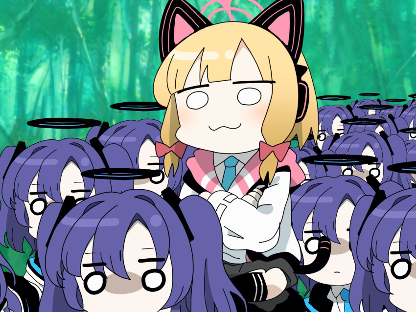6+girls, :3, :|, animal_ear_headphones, animal_ears, blonde_hair, blue_archive, blue_necktie, bow, chibi, chiitara_(ghay3h), clone, closed_mouth, crossed_arms, crossed_legs, fake_animal_ears, forest, hair_bow, halo, headphones, highres, long_hair, low-tied_sidelocks, mechanical_halo, momoi_(blue_archive), multiple_girls, nature, necktie, o_o, outdoors, parody, pink_halo, purple_hair, scene_reference, shikanoko_nokonoko_koshitantan, short_hair, two_side_up, yuuka_(blue_archive)