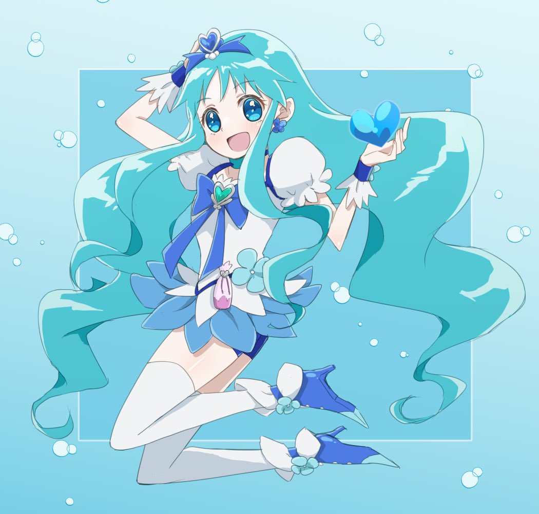 1girl, blue_background, blue_choker, blue_eyes, blue_hair, blue_skirt, blue_wrist_cuffs, bow