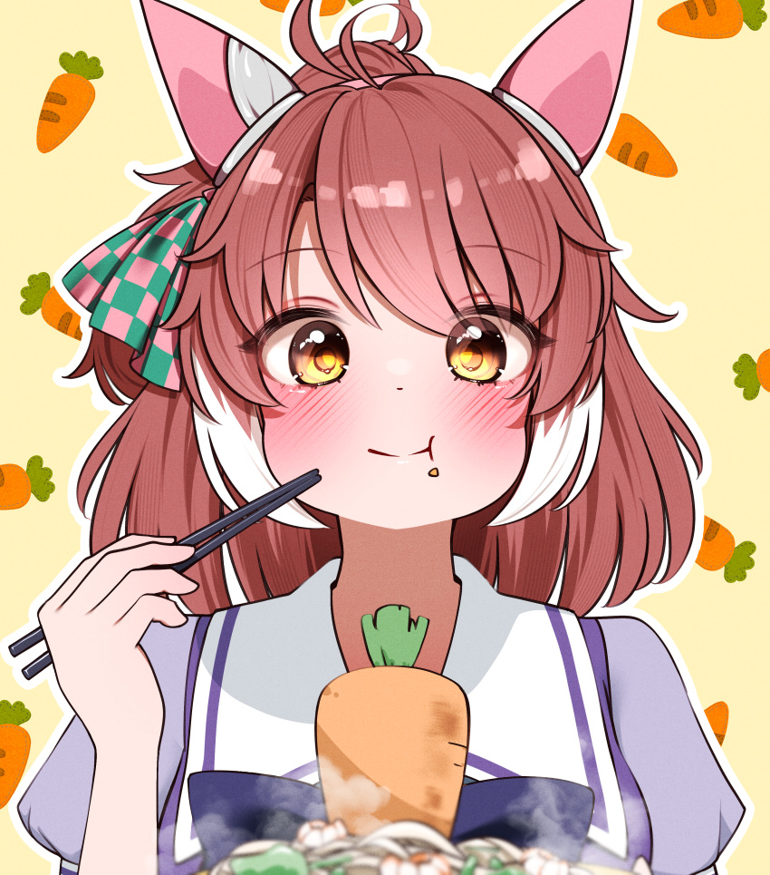 1girl, absurdres, ahoge, brown_eyes, brown_hair, carrot, chopsticks, commission