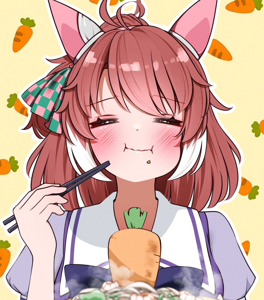 1girl, :p, =_=, absurdres, ahoge, animal_ears, brown_eyes, brown_hair, carrot, chopsticks, commission, dantsu_flame_(umamusume), eating, food, headband, highres, horse_ears, horse_girl, looking_at_viewer, occhahoi, pixiv_commission, ponta_(1859ysmssstsp), portrait, school_uniform, simple_background, smile, solo, tongue, tongue_out, tracen_school_uniform, tracen_training_uniform, umamusume