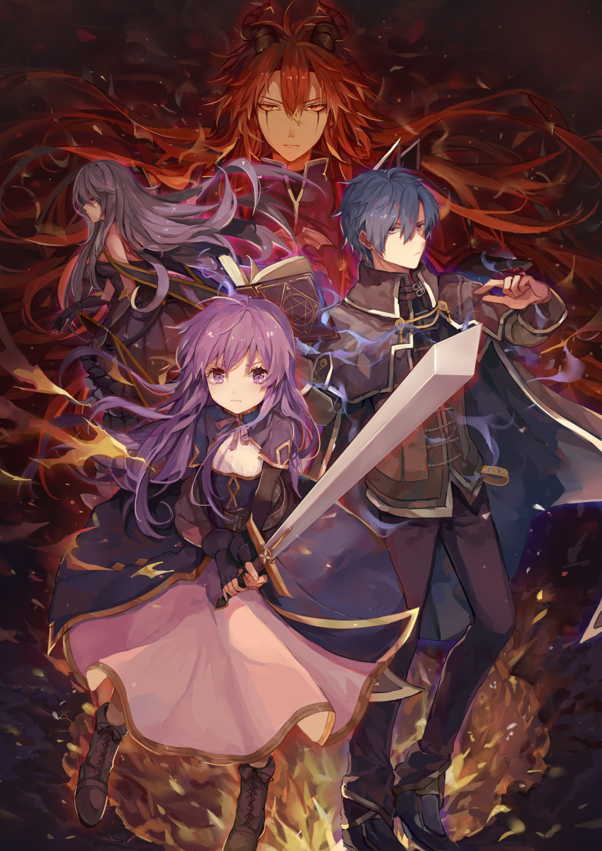 2boys, 2girls, blue_hair, book, boots, capelet, eternal_senia, eternal_senia_2:hydrangea_after_the_rain