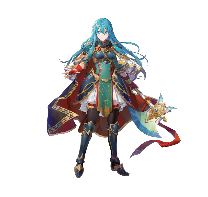 1girl, absurdres, aqua_eyes, aqua_hair, armor, armored_boots, axe, azu-taro
