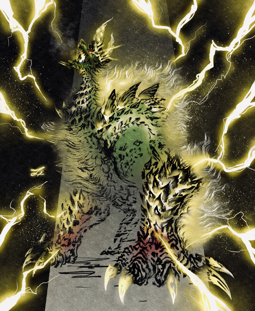 absurdres, asymmetrical_horns, chin_spike, deadpool_yuchan, electricity, electrokinesis, glowing, glowing_eyes