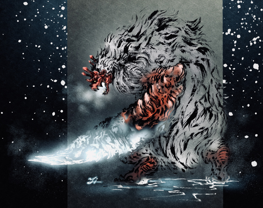 absurdres, arm_blade, breath_weapon, breathing_ice, colored_skin, crystal_sword, deadpool_yuchan, full_body