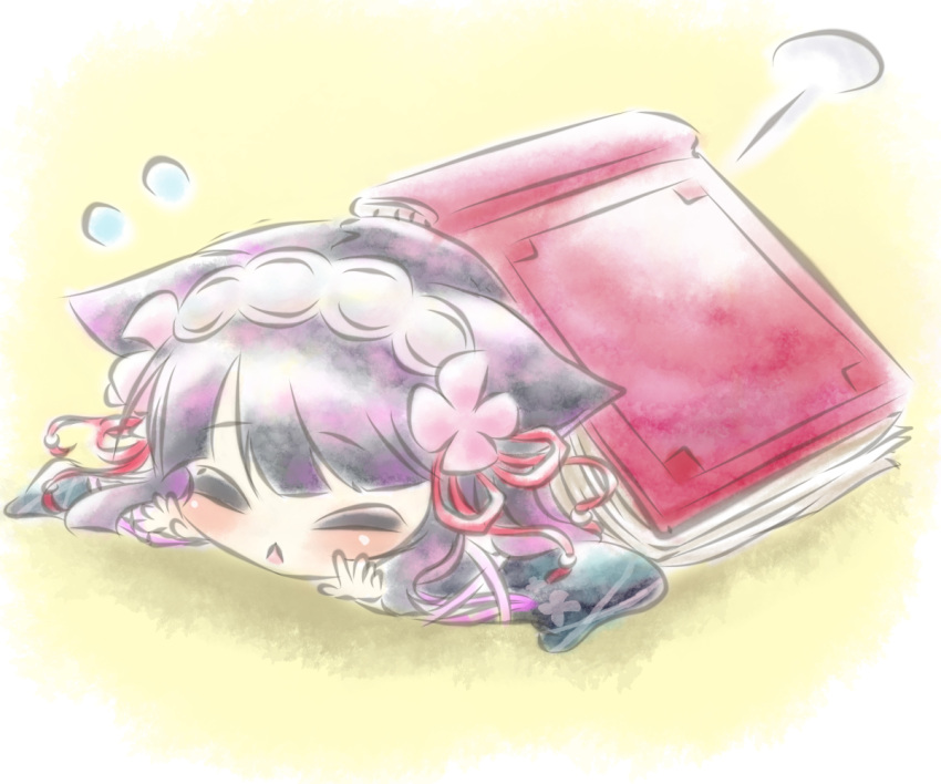 =_=, animal_ears, black_hair, book, cat_ears, closed_eyes, commentary_request, falling