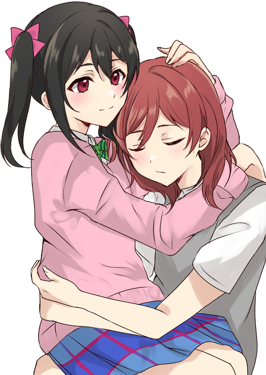 2girls, absurdres, black_hair, blue_skirt, bow, bowtie, cardigan, closed_eyes, closed_mouth, green_bow, green_bowtie, grey_vest, hair_between_eyes, hand_on_another's_head, hand_on_another's_shoulder, highres, hug, kiruto_(artar_12), long_sleeves, looking_at_another, love_live!, love_live!_school_idol_project, medium_hair, multiple_girls, nishikino_maki, otonokizaka_school_uniform, pink_cardigan, plaid_clothes, plaid_skirt, red_eyes, redhead, school_uniform, shirt, sidelocks, sitting, sitting_on_person, skirt, summer_uniform, twintails, upper_body, vest, white_background, white_shirt, yazawa_nico, yuri