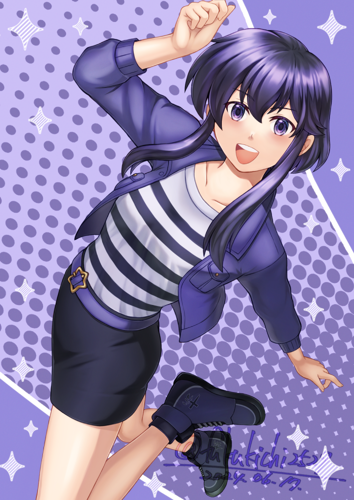 1girl, alternate_costume, black_footwear, black_hair, black_skirt, blush, collarbone, commentary_request, commission, contemporary, fire_emblem, fire_emblem:_genealogy_of_the_holy_war, fukukichi2529, hair_between_eyes, jacket, larcei_(fire_emblem), long_sleeves, looking_at_viewer, open_clothes, open_jacket, open_mouth, pocket, purple_background, purple_jacket, shirt, shoes, sidelocks, skeb_commission, skirt, smile, solo, striped_clothes, striped_shirt, teeth, twitter_username, upper_teeth_only, violet_eyes, white_shirt