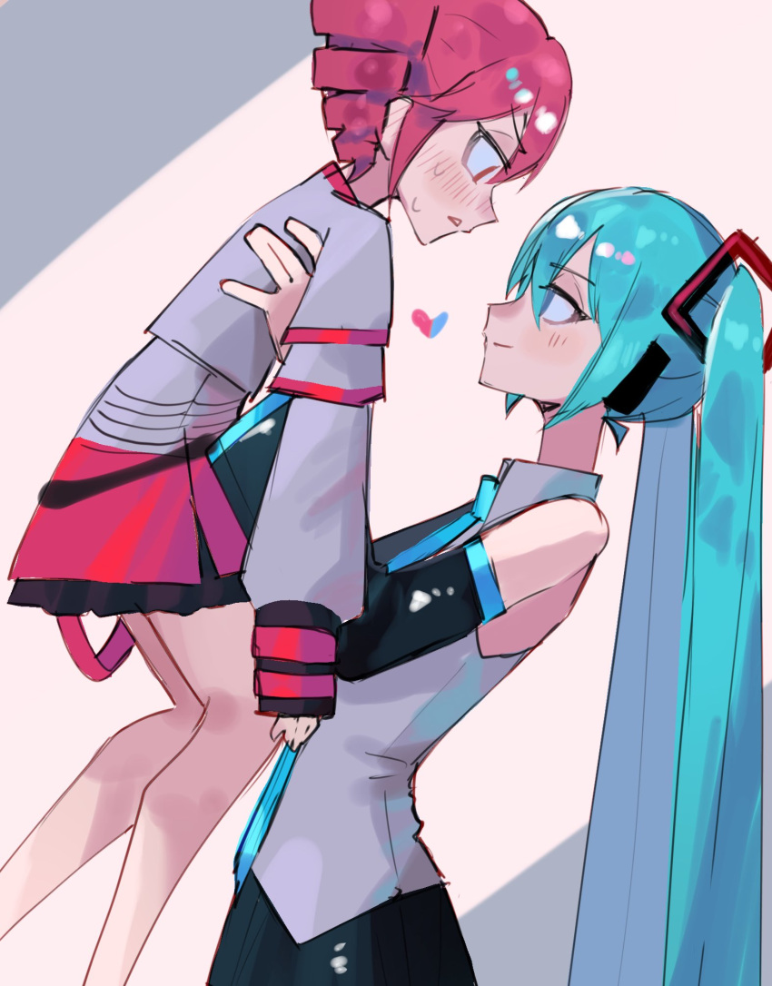 2girls, aqua_hair, aqua_necktie, bare_shoulders, black_skirt, black_sleeves, blue_eyes, blush