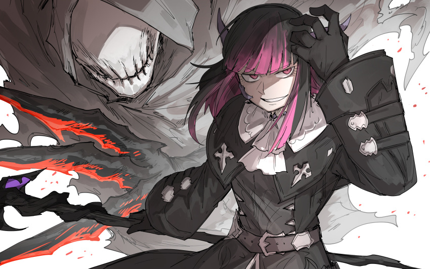 1girl, absurdres, au_ra, belt, black_cloak, black_coat, black_gloves, black_hair