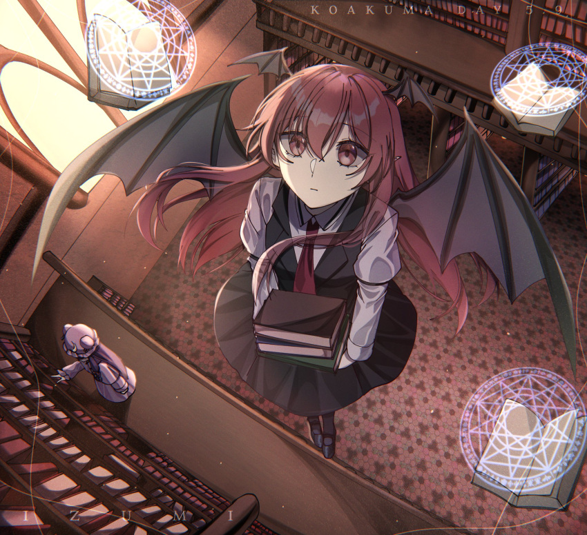 2girls, artist_name, black_skirt, black_vest, book, bookshelf, collared_shirt, commentary, crescent, crescent_hat_ornament, dated, demon_wings, dress, english_text, flying, hashtag-only_commentary, hat_ornament, head_wings, highres, holding, holding_book, izumi_481, koakuma, koakuma_day, library, long_hair, long_sleeves, magic_circle, multiple_girls, necktie, patchouli_knowledge, purple_hair, red_eyes, red_necktie, redhead, shirt, shoes, skirt, skirt_set, touhou, vest, white_shirt, wings