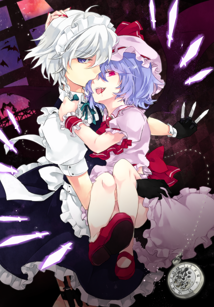bat, blood, blue_hair, carrying, danmaku, fang, gloves, hand_on_head