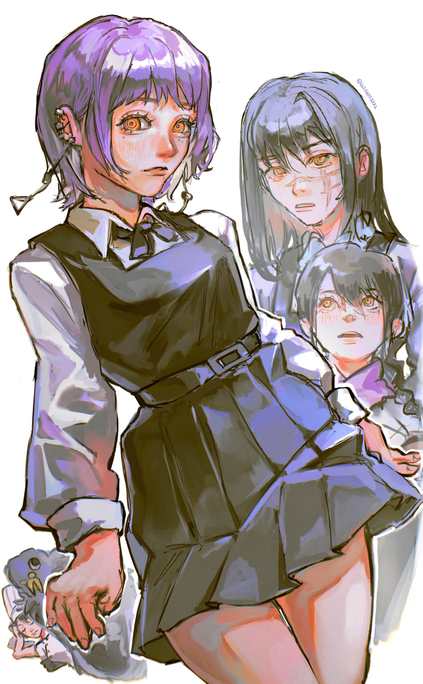 4girls, absurdres, black_hair, chainsaw_man, chef_hat, falling_devil_(chainsaw_man), fami_(chainsaw_man), fourth_east_high_school_uniform