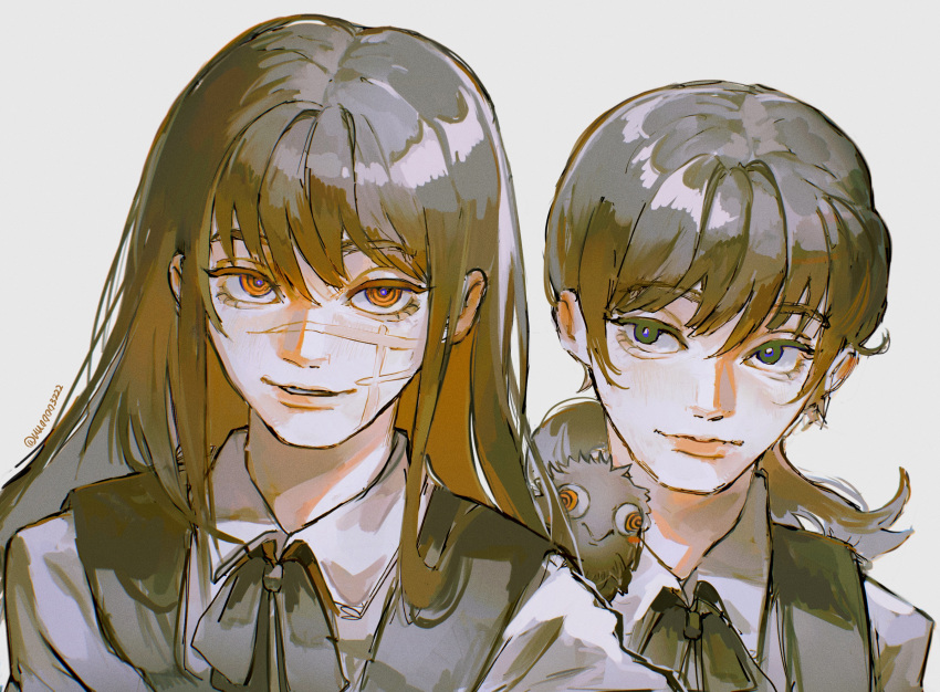 2girls, bird, black_hair, chainsaw_man, fourth_east_high_school_uniform, highres, long_hair, looking_at_another