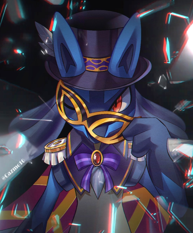 artist_name, black_fur, black_hat, blue_fur, bow, bowtie, cape, cazmo