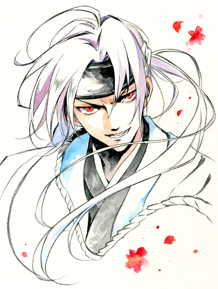 hakuouki_shinsengumi_kitan, headband, hijikata_toshizou_(hakuouki), hijitaka_toshizou, japanese_clothes, male, ponytail, red_eyes, smile, white_hair