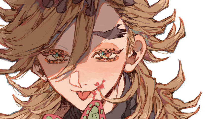 1boy, blood, blood_on_face, close-up, douma_(kimetsu_no_yaiba), highres, kimetsu_no_yaiba, long_hair