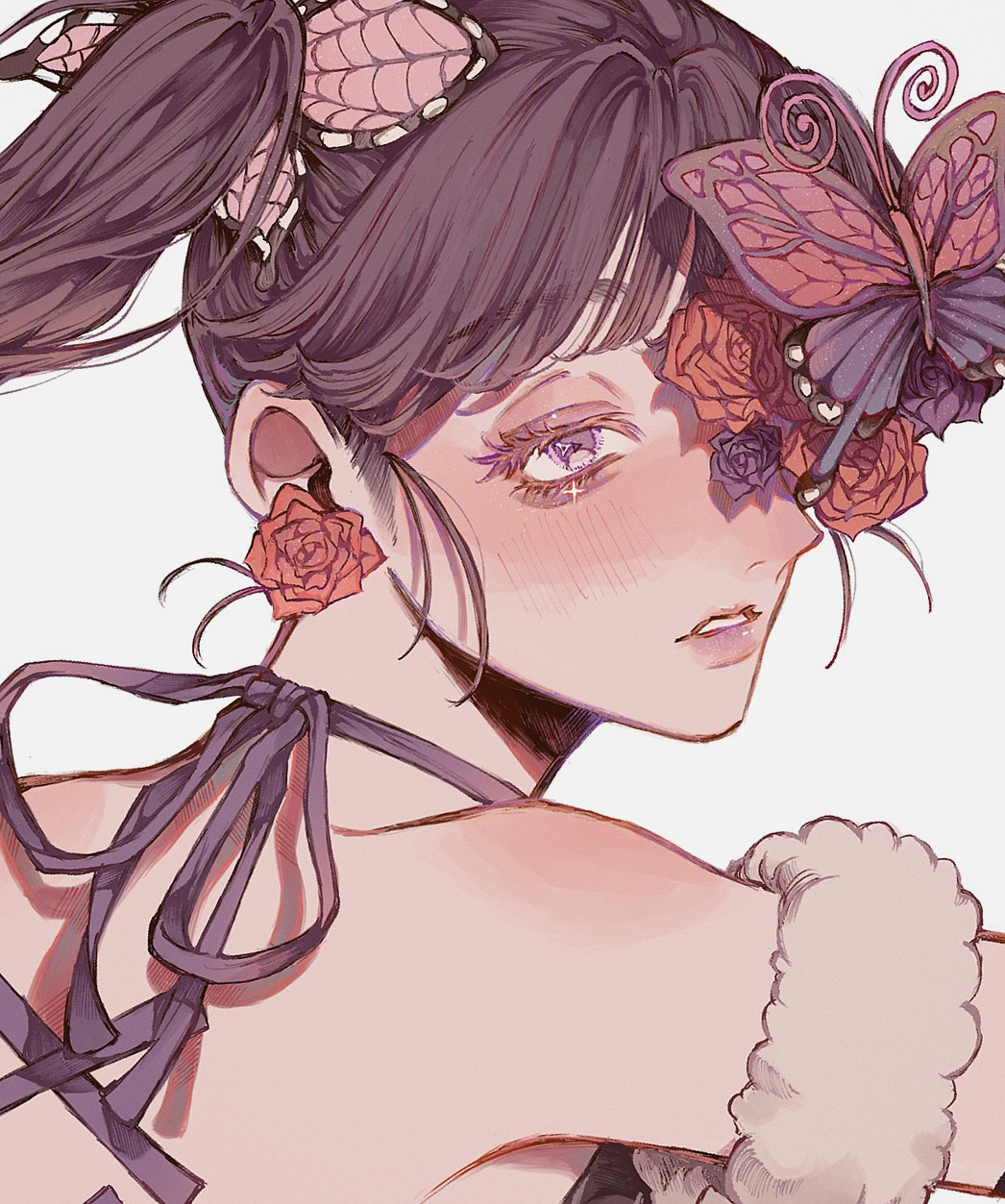 1girl, black_hair, blush, bug, butterfly, close-up, highres, kimetsu_no_yaiba