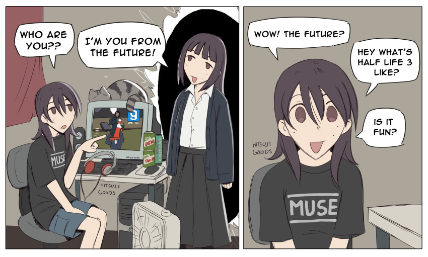 2girls, black_hair, black_shirt, brown_eyes, cat, comedy, comic, computer