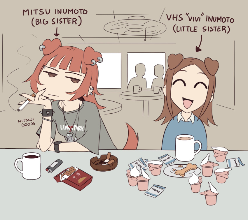 brown_hair, cigarette, cigarette_pack, closed_eyes, coffee, duo, earrings, english_text, eyebrow_piercing, female, happy, hitsujigoods, holding_cigarette, lighter, linkin_park, medium_hair, mitsu_(hitsujigoods), morning, mug, orange_hair, piercing, siblings, sisters, spiked_bracelet, t-shirt, vivi_(hitsujigoods)