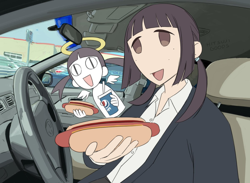 bangs, black_hair, brown_eyes, car, duo, female, halo, happy