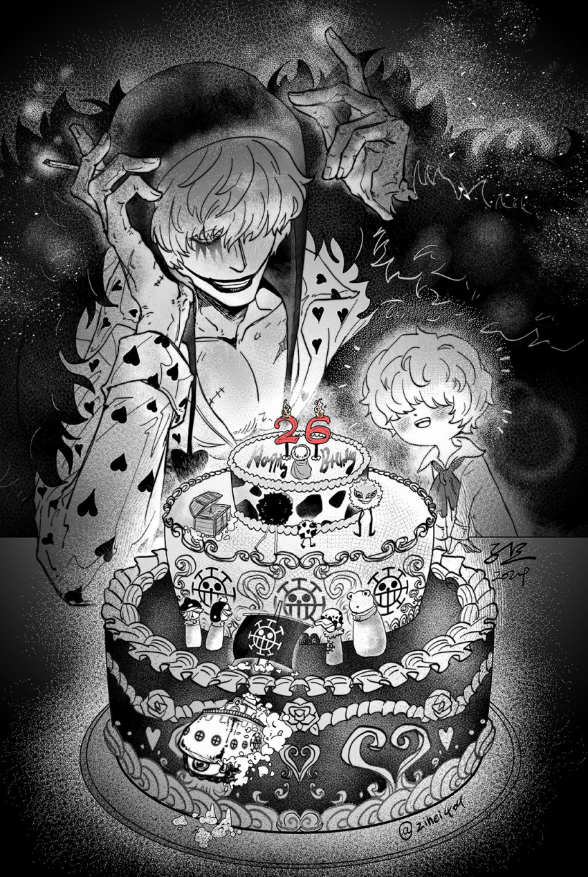1boy, 2024, aged_down, bepo, birthday_cake, black_coat, blonde_hair, blush