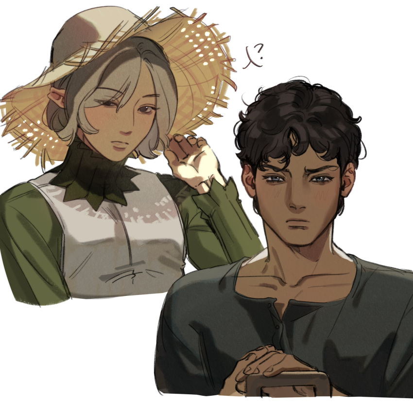 2boys, ?, bags_under_eyes, black_eyes, black_hair, blue_eyes, blush, curly_hair