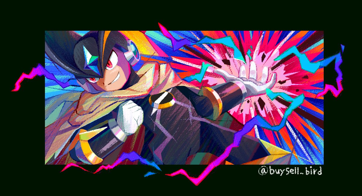 1boy, bass.exe_(mega_man), black_bodysuit, black_border, black_helmet, bodysuit, border, brown_cloak